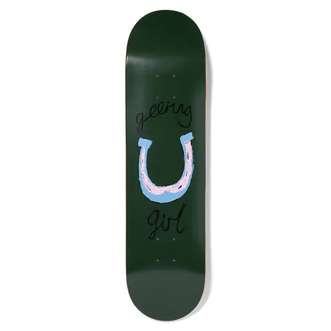 Girl Geering Horseshoe skateboard deck: A scrawled pale blue and pink horseshoe on a dark green deck, with the rider's name and Girl handwritten in black above and below.