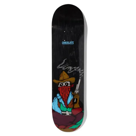 Chocolate Alvarez Bandito skateboard deck: Masked skeletal bandit in a cowboy hat with a red bandana, holding up a smoking revolver, with smoke curling into the rider's name script above. Black deck with Chocolate logo at the top.