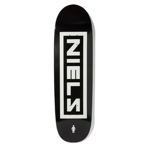 Girl Bennett Nine Inch Niels Loveseat skateboard deck: Parody of a band logo: the word NIELS in bold, partly mirrored white block capitals inside a rectangular white frame on black. The small Girl logo sits at the tail on a wide-nosed shape.