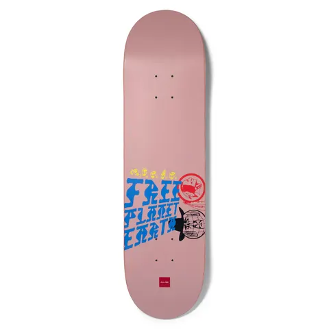 Chocolate Fernandez Free Planet Earth skateboard deck: Blue wobbly lettering reading FREE PLANET EARTH sits on a plain dusty pink deck, with small yellow hand-sign drawings, a red circular stamp and a globe with a hat. A small red Chocolate logo is at the tail.