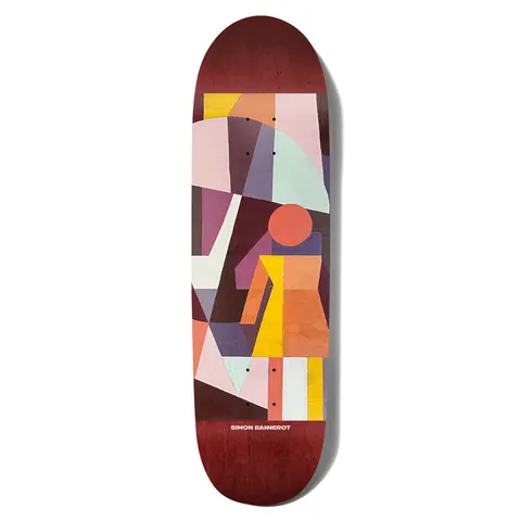Girl Bannerot Emergence Loveseat skateboard deck: Abstract geometric collage of overlapping painted shapes in pink, mint, purple, orange and yellow, with the Girl logo figure formed from colour blocks. Red-stained wood surround and a small white name at the bottom.
