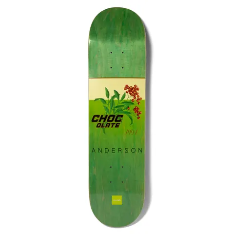 Chocolate Anderson Burn One Pop Secret skateboard deck: Botanical illustration of green leaves and red berries on a cream and green label, with a broken-up 'Chocolate' logo, the year 1994 and the rider's name, on a green-stained deck.