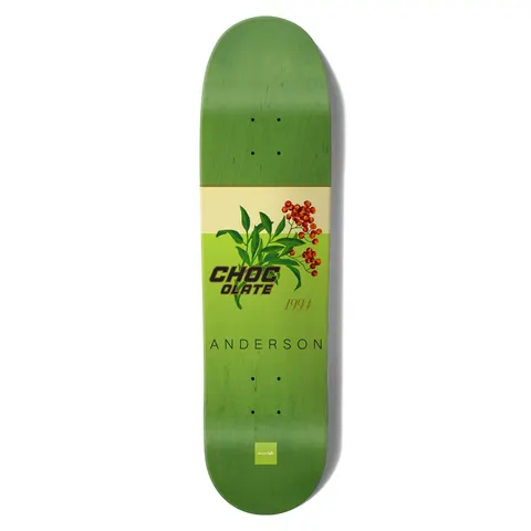 Chocolate Anderson Burn One Skidul skateboard deck: A botanical illustration of green leaves and red berries on a cream and lime band, labelled Chocolate with the date 1994 and Anderson below, on a green stained deck with a small square Chocolate logo at the tail.