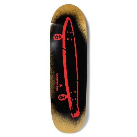 Crailtap Overspray Couch skateboard deck: Large red-outlined silhouette of a long cruiser deck with two small round faces at the trucks, surrounded by a black spray-paint overspray on bare maple. A small arrow and the web address sit below.