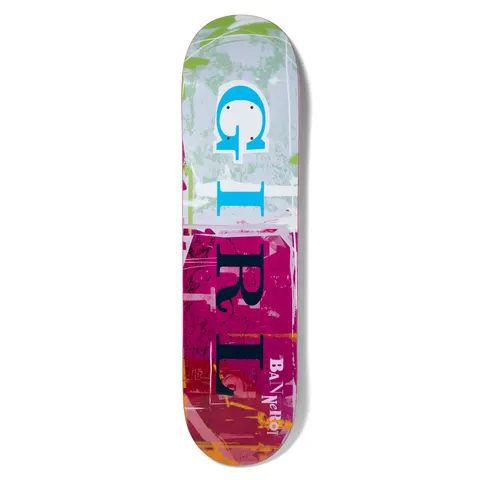 Girl Bannerot Letterpress Pop Secret skateboard deck: Deck with a messy, layered paint and print texture in grey, green, magenta and orange. Girl is spelled in large serif letters, G in cyan, R and L in navy, running down the board, with Bannerot at the tail.