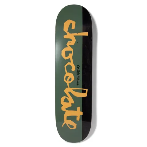 Chocolate Aikens Original Chunk skateboard deck: Large orange-yellow Chocolate chunk lettering runs down a deck split into olive green and black halves. A small handwritten rider name sits beside the lettering.