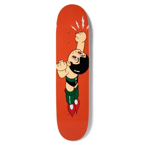 Girl Carroll Astro skateboard deck: Astro Boy-style cartoon robot boy flying upward with one fist raised and rocket boots flaring, with white lightning bolts, on a flat red-orange deck. Small rider name on the leg.