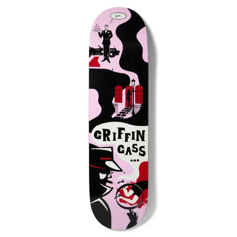 Girl Gass Mystery Noir skateboard deck: Film-noir scene in black, pink and red: a butler with a drinks tray by a vintage car, a lit doorway with a silhouetted figure and a detective in a fedora with a magnifying glass. 'Griffin Gass...' in speech bubble.