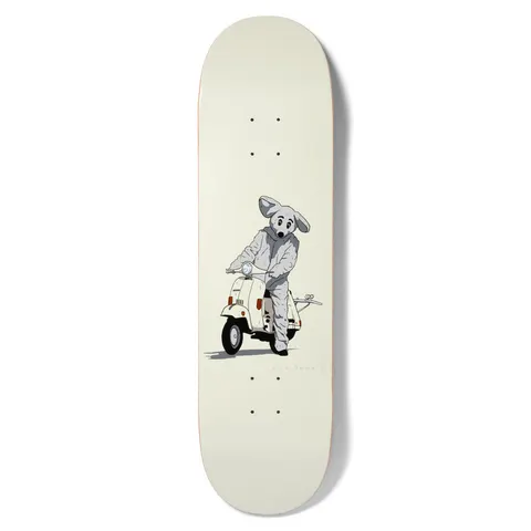 Girl Howard Mouse skateboard deck: Simple flat illustration of a person in a grey mouse costume with big ears sitting on a cream vintage scooter, on a plain off-white deck. Rider name in tiny grey text beside it.