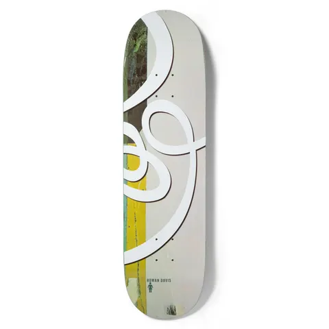 Girl Davis Jenkins 30 Swirls skateboard deck: Large white looping ribbon swirl across a grey collage background with green, yellow and dark painted strips. Rider name and small Girl logo figure at the bottom.