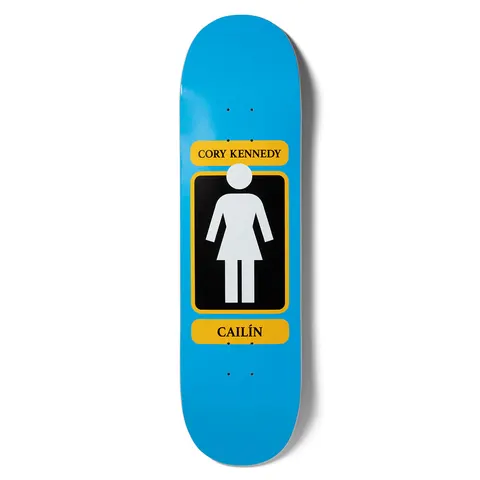 Girl Kennedy 93 Til Pop Secret skateboard deck: Bright blue deck with the Girl logo, a white female pictogram on a black panel with yellow border, between two yellow bars reading the rider's name and Cailin.