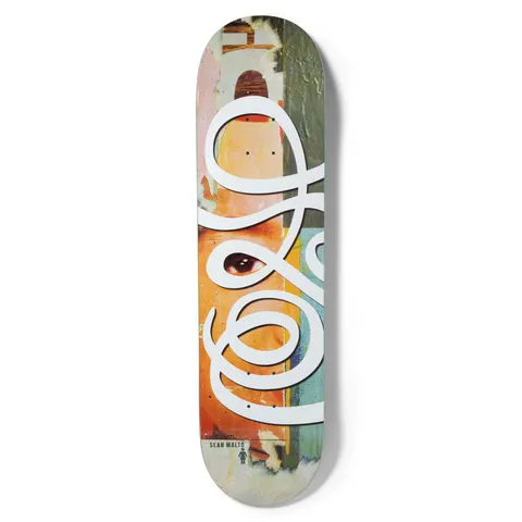 Girl Malto Jenkins 30 Swirls skateboard deck: Torn-poster collage background with a close-up of an eye in orange, green and blue, overlaid with a large white looping script flourish. Rider name and Girl logo at the tail.