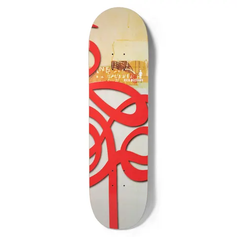 Girl McCrank Jenkins 30 Swirls skateboard deck: Large red looping ribbon or script swirls over a cream and grey background with a weathered yellow-orange band of torn collage near the top. Small Girl logo and rider name in the band.
