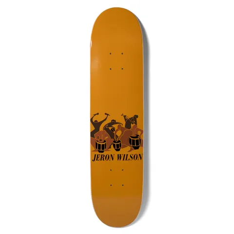 Girl Wilson Music skateboard deck: Orange deck with a black and brown silhouette illustration of drummers and a trumpeter playing barrel drums, with the rider name printed beneath.