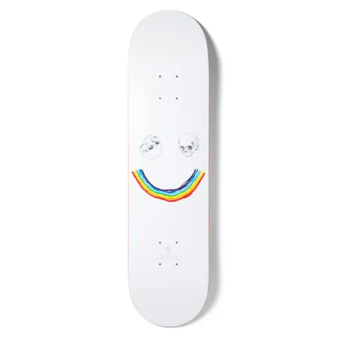 Girl Geering Skull N Bows skateboard deck: Plain white deck with a smiley face: two small pencil-drawn skulls for eyes and a hand-painted rainbow curve for the mouth. Small Girl logo and rider name at the tail.