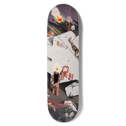 Girl Pacheco Monumental skateboard deck: Detailed illustration of small naked figures with candle flames for heads clambering over a huge pale concrete monument under a smoky purple sky. One figure scrawls red graffiti, with creatures and flames around the edges.