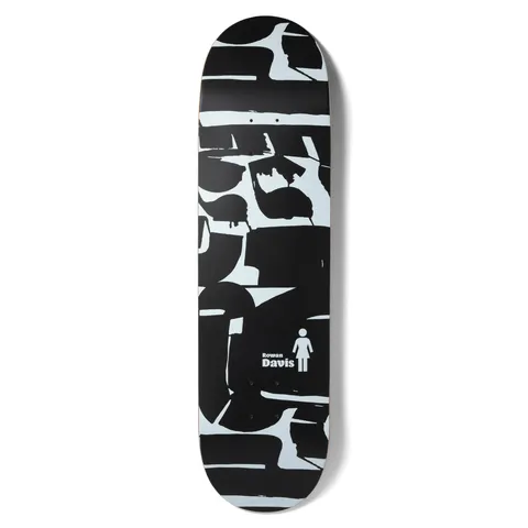 Girl Davis Dialog skateboard deck: Black and pale blue abstract pattern of chunky, brushed speech-bubble-like shapes covering the deck, with the rider's name and the Girl pictogram in white.