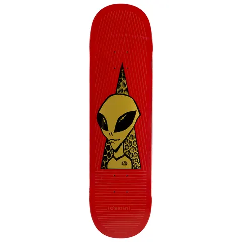 Alien Workshop O'Brien Visitor Gold skateboard deck: A gold alien head with black eyes peering from a dark triangular cut-out filled with a honeycomb pattern, on a red deck with fine engraved line texture. The rider name is printed in brackets near the tail.