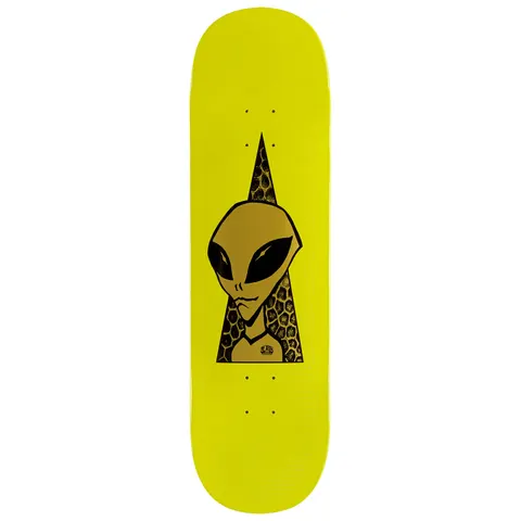Alien Workshop Popson Visitor Gold skateboard deck: A gold alien head with black eyes looking out from a black triangular cut-out filled with a honeycomb pattern, on a bright yellow deck.