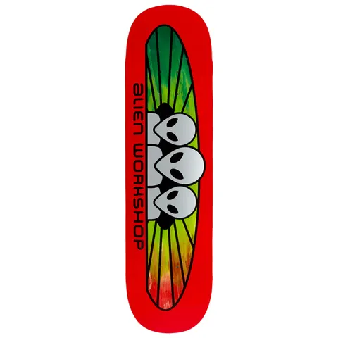 Alien Workshop Rgb Spectrum skateboard deck: Three stacked grey alien heads inside a long oval window of green to red gradient wood with radiating lines, on a bright red deck, with ALIEN WORKSHOP lettered vertically along the side.