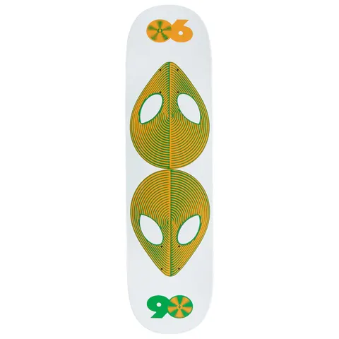 Alien Workshop Scanner Twin skateboard deck: Two mirrored alien heads built from concentric orange and green lines like record grooves, stacked on a white deck, with a record-style disc and numerals 06 at the top and 90 at the bottom.