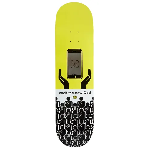 Alien Workshop Self Exalt skateboard deck: Black pictogram hands lifting a smartphone showing a face-recognition icon, on a yellow upper half, above a white caption band and a crowd of repeated black figures looking at phones.