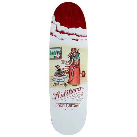 Anti Hero Cardiel Flatulent Beauties skateboard deck: A hand-painted Indian-style scene of a dancer in a red sari and a seated musician playing a stringed instrument, with a cow picture on the wall. Clouds across a red top and Antihero script with John Cardiel below.