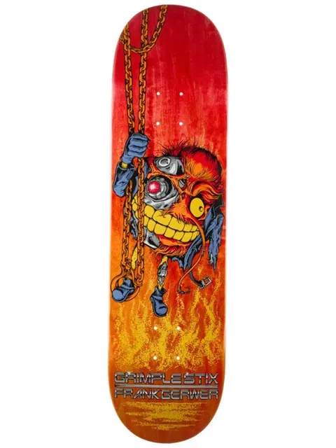 Anti Hero Gerwer Grimple Stix Grimplenator Dbx skateboard deck: Red-to-orange stained deck with a cartoon cyborg Grimple creature with a robotic eye and a grinning yellow mouth hanging from chains above flames. Chrome-effect lettering at the bottom.