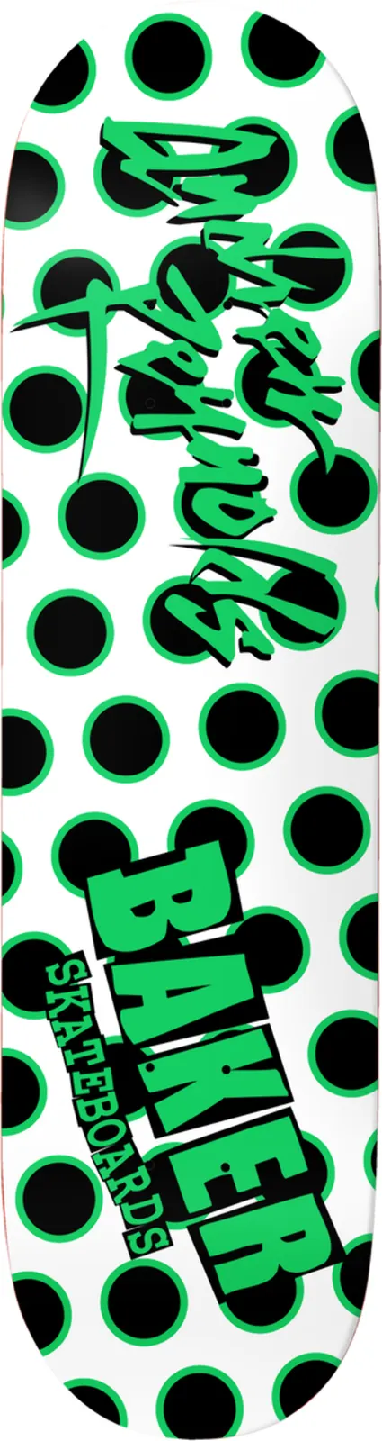 Baker Andrew Reynolds Dots skateboard deck: White deck covered in large black polka dots with green rims, with Andrew Reynolds in green graffiti-style script near the nose and Baker Skateboards in chunky green block lettering at the tail.