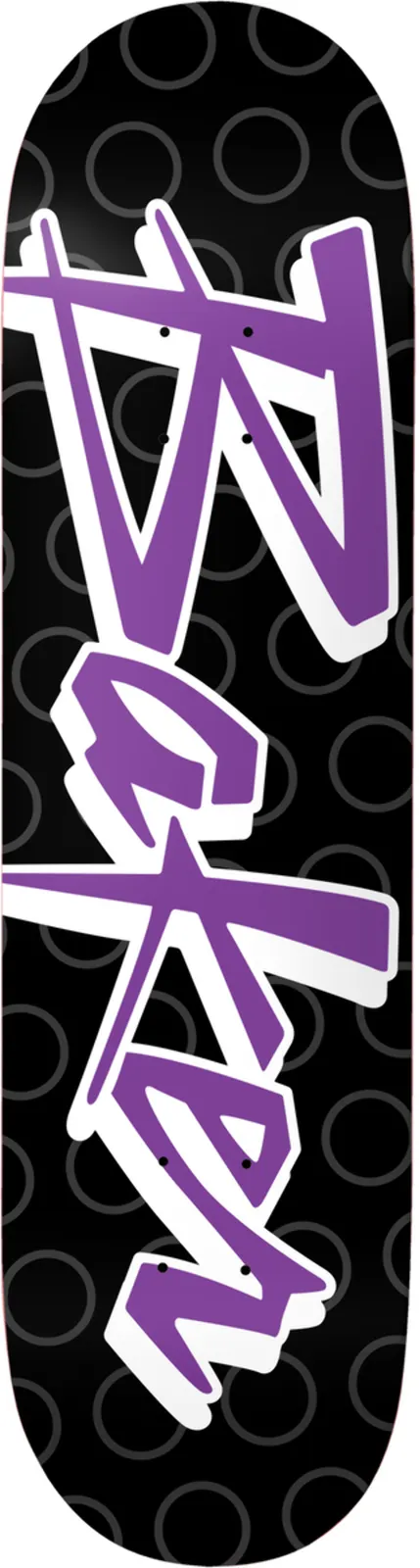 Baker Andrew Reynolds Purple Pain skateboard deck: Brand name in large purple brush-script lettering with a white outline running down the deck, over a black background patterned with grey rings.