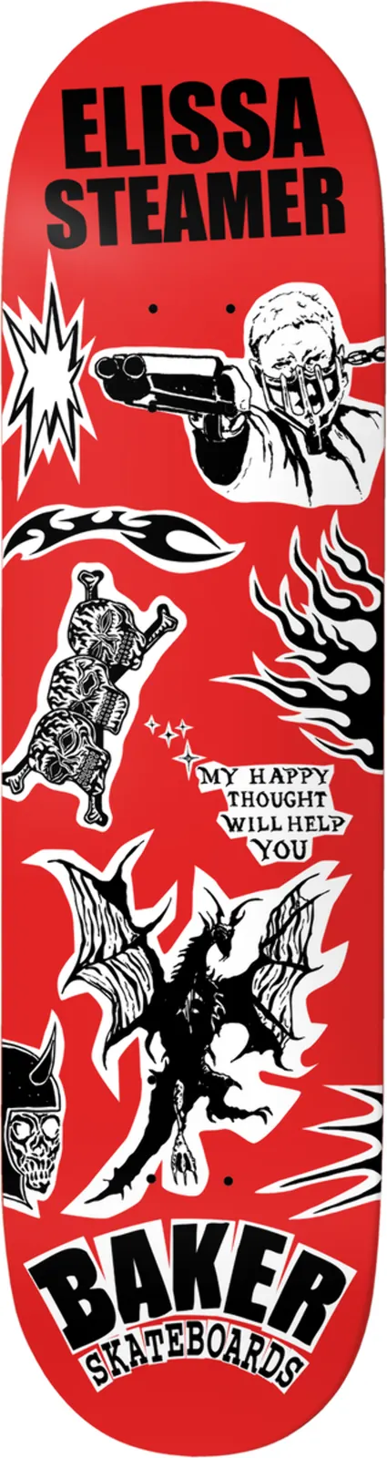 Baker Elissa Steamer Divine Evil skateboard deck: A red deck covered in black and white sticker-style images: a gas-masked figure aiming a shotgun, a winged dragon, flames, a skull and a skeletal animal, with a small 'my happy thought will help you' caption. Rider name at top, Baker logo at base.