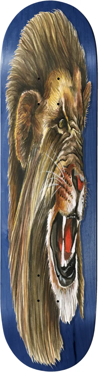 Baker Hawk Big Cats skateboard deck: A painted, realistic lion's head with a roaring open mouth and long tawny mane, running down a blue stained deck.