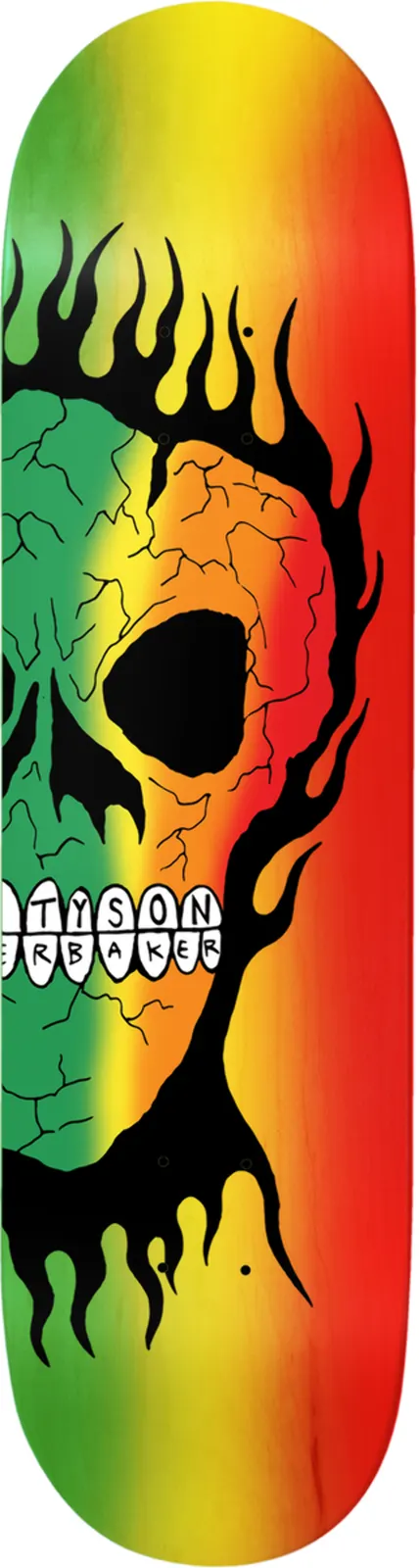 Baker Peterson Rasta Skull (B2 Shape) skateboard deck: Large black cracked skull with flames, cropped at the left edge, over a red, yellow and green rasta-colour gradient. A name is printed across the teeth.