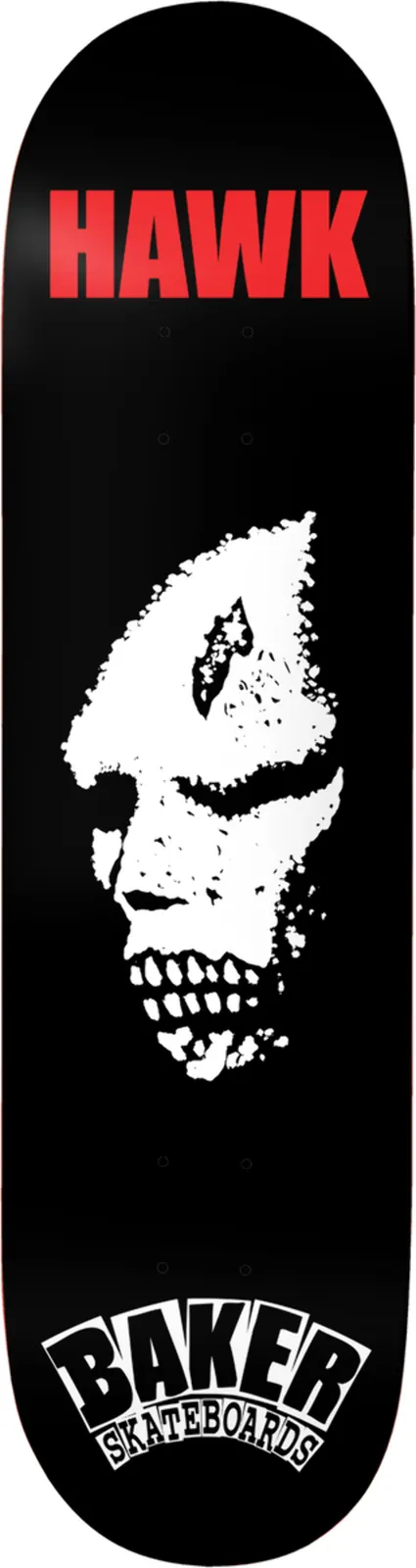 Baker Riley Hawk Craters Of The Skull skateboard deck: Black deck with a high-contrast white, stippled skull face with a crack on its forehead. A red HAWK name sits at the nose and the Baker Skateboards logo in white at the tail.