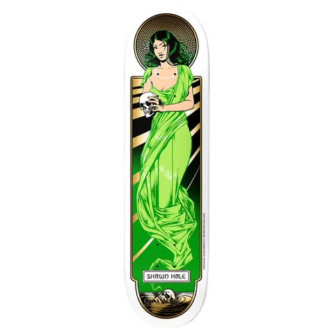 Birdhouse Hale Divine Aura skateboard deck: Art nouveau style panel showing a woman in a flowing green gown holding a skull, framed by a gold halo and gold-bordered green panel. A second skull sits in water at the bottom with a name plate.