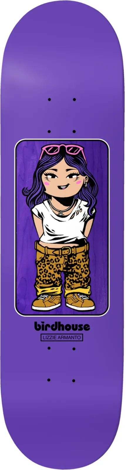 Birdhouse Lizzie Armanto Toybox skateboard deck: Toy-box style figure of a long-haired girl in a white T-shirt, pink sunglasses on her head and leopard-print trousers, framed in a rounded rectangle on a purple panel. Birdhouse and name labels below.