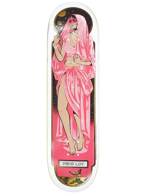 Birdhouse Loy Divine Aura skateboard deck: Illustration of a woman in flowing pink veil and drapery holding a rose, set in an ornate gold-framed arch against a starry night sky with a moon. Rider name in a plaque and a butterfly at the tail.