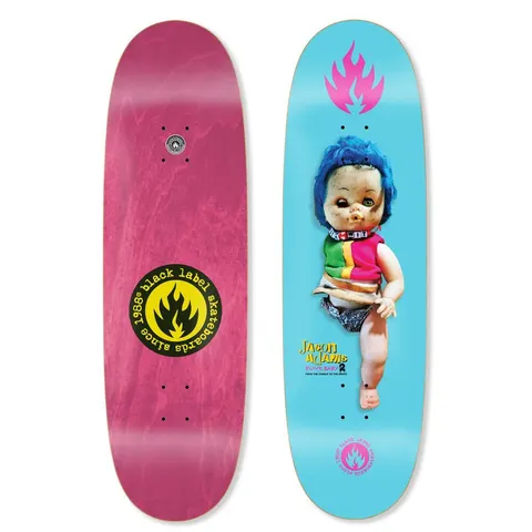 Black Label Adams Punk Baby Egg skateboard deck: Photograph of a worn baby doll with spiky blue hair, a studded collar and a colourful top, on a light blue deck beneath a pink Black Label flame. The underside is pink with a yellow Black Label 1988 roundel.