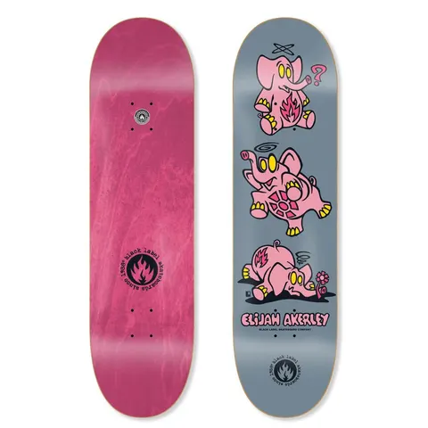 Black Label Elijah Akerley Pink Elephants skateboard deck: Three stacked cartoon pink elephants with yellow eyes and toes, shown dizzy, upside down and flat on the ground, on a slate grey deck. Rider name below, Black Label flame logo at bottom; photo also shows the pink-stained underside.