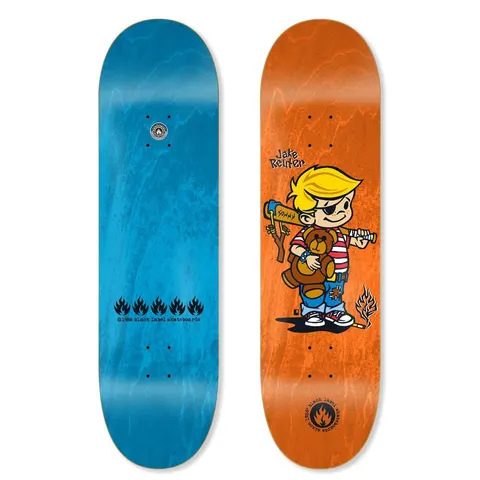 Black Label Jake Reuter Bad News skateboard deck: Cartoon blond boy with an eyepatch, striped top and patched jeans, holding a teddy bear and a bat resting on his shoulder, with a slingshot and a burning fuse at his feet. Photo shows the blue underside too.