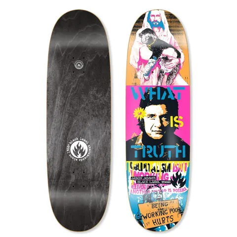 Black Label Jason Adams Truth Custom Egg skateboard deck: Egg-shaped deck with stacked panels: a robed figure holding a lamb, a man's portrait with a flower behind the words What is Truth, and protest-style slogans reading Capitalism isn't working and Being the working poor hurts. Photo also shows black underside.