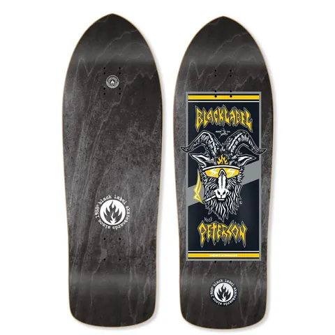 Black Label Nick Peterson Burnside Brew skateboard deck: Rectangular beer-label panel showing a goat head in yellow sunglasses with a cigarette, framed in yellow and grey stripes with metal-style lettering. Black Label flame logo below, on a black-stained old-school shape; bottom side shown too.