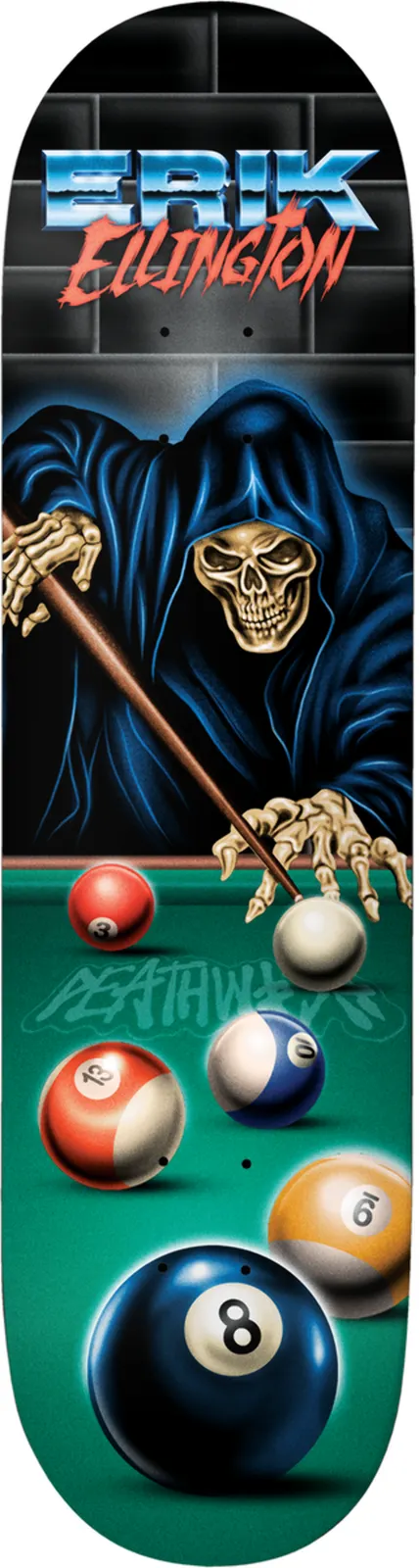 Deathwish Erik Ellington Pool Reaper skateboard deck: A hooded Grim Reaper with a skeletal face and hands plays pool across a green table with striped and solid balls including an eight ball, in front of a brick wall, with retro chrome lettering at the top.