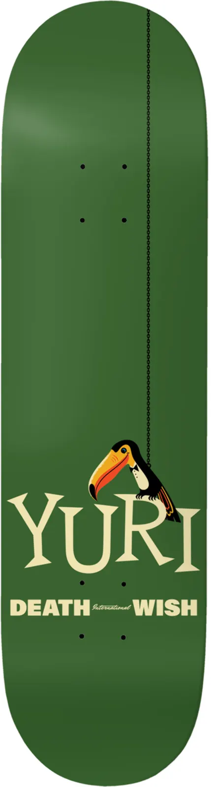 Deathwish Facchini Tropipop skateboard deck: Plain dark green deck with a toucan hanging from a thin vertical line near the bottom, above 'Yuri' in large cream serif capitals and the Deathwish logo.