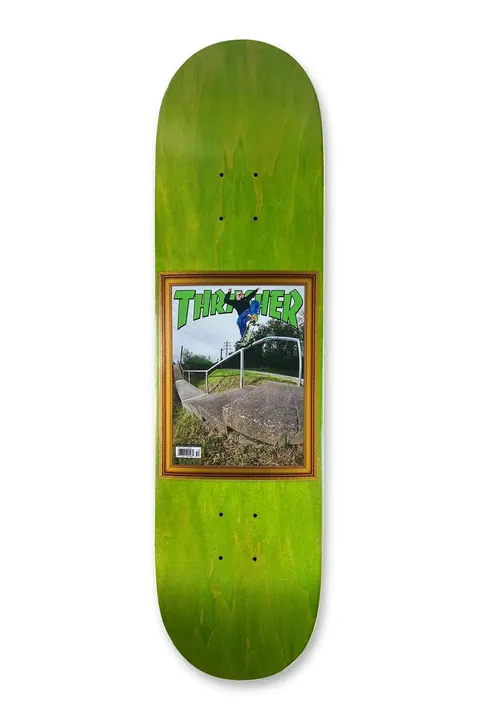 Deathwish Foy Commemorative Hammer skateboard deck: Green stained deck with a gold picture frame in the centre containing a mock Thrasher magazine cover, showing a skater in blue on a handrail down steps.