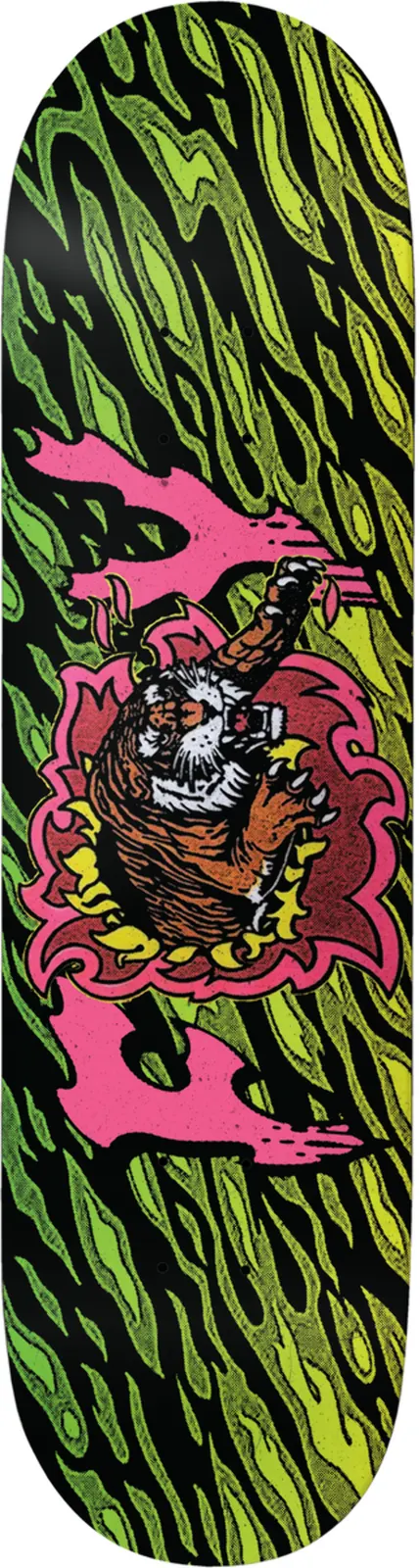 Deathwish Jamie Foy Primal Twin skateboard deck: A snarling tiger gripping a dagger inside a pink and red flame-like burst, set over a black background with bold green and yellow tiger-stripe woodcut patterns. Pink hand-drawn lettering sits behind the tiger.
