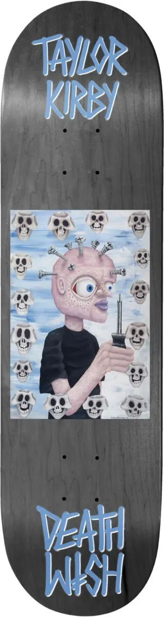 Deathwish Kirby All Screwed Up skateboard deck: A framed painting of a pink-skinned figure with screws and a screwdriver in its head, holding a screwdriver, against a pale blue background full of small grey skulls. Blue brush lettering at top and bottom on a grey-black deck.
