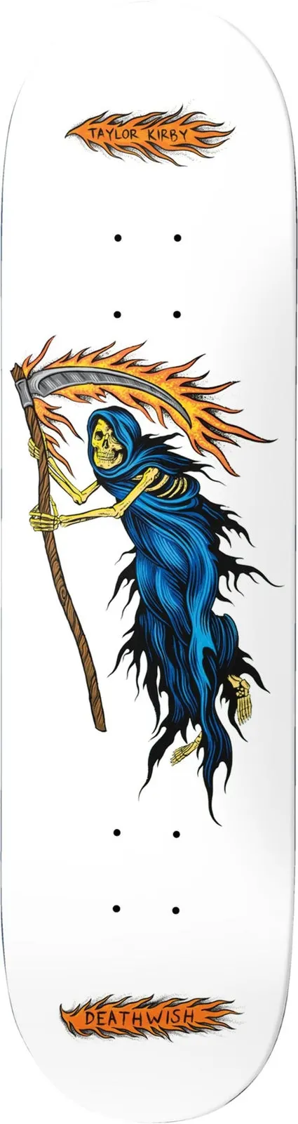Deathwish Kirby Passing Through skateboard deck: Skeletal grim reaper in a ragged blue hooded robe carrying a flaming scythe, on a white deck. Taylor Kirby and Deathwish appear in orange flame-shaped banners.