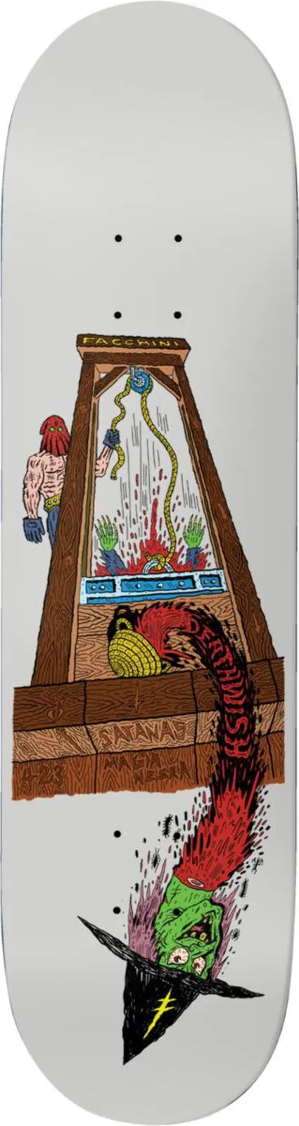 Deathwish Yuri Deathwitch Trials skateboard deck: A hand-drawn guillotine with a bloody blade and a masked executioner beside it, while a green-faced witch in a black hat is shown upside down trailing down the deck. Deathwish lettering runs along the red tail.