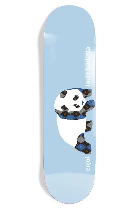 Enjoi Louie Barletta Argyle Panda R7 skateboard deck: Enjoi panda drawn with argyle-patterned ears, arms, legs and scarf in blue, black and grey, on a pale blue deck. Rider name and brand are printed vertically beside it.